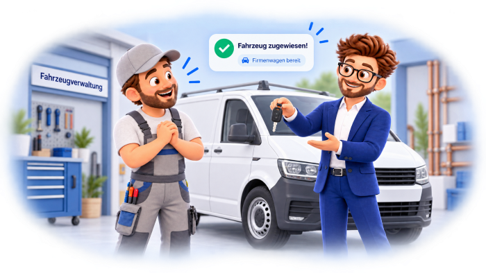 Ein Mitarbeiter erhält den Schlüssel für einen Firmentransporter. Eine Einblendung meldet: Fahrzeug zugewiesen.