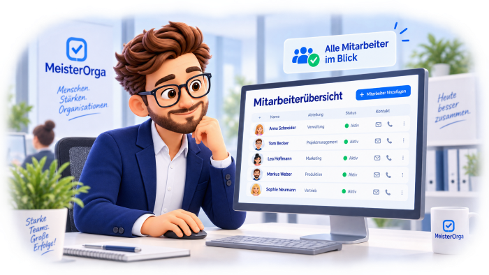 Ein Mitarbeiter am Bildschirm mit der Mitarbeiterübersicht: Name, Abteilung und Status je Person. Eine Einblendung meldet: alle Mitarbeiter im Blick.