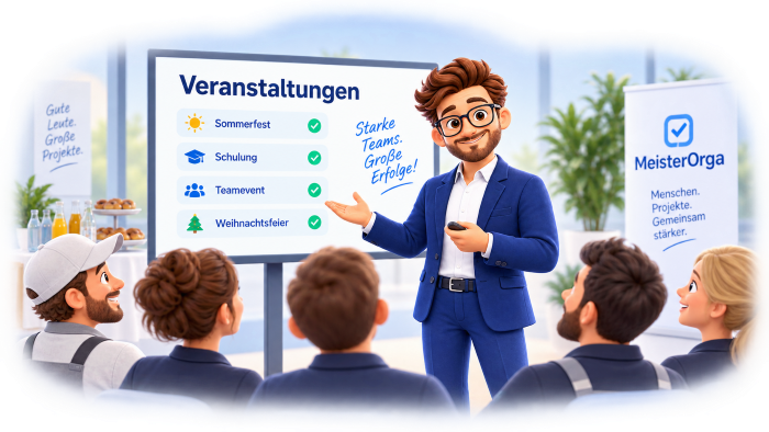 Vor einer Runde Mitarbeiter steht eine Tafel mit den geplanten Veranstaltungen: Sommerfest, Schulung, Teamevent und Weihnachtsfeier, jede abgehakt.