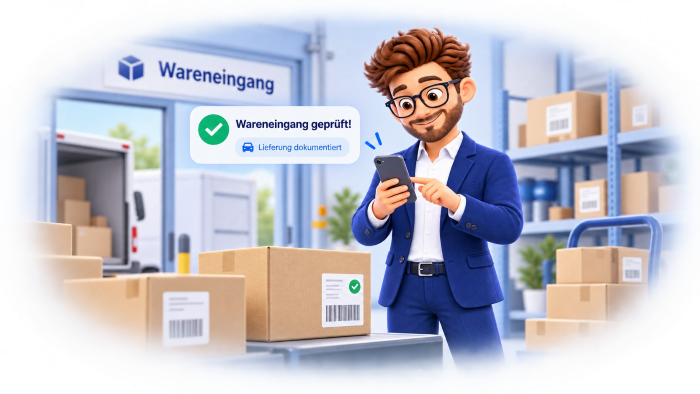 Ein Mitarbeiter nimmt im Lager eine Lieferung mit dem Telefon auf. Eine Einblendung meldet: Wareneingang geprüft, Lieferung dokumentiert.